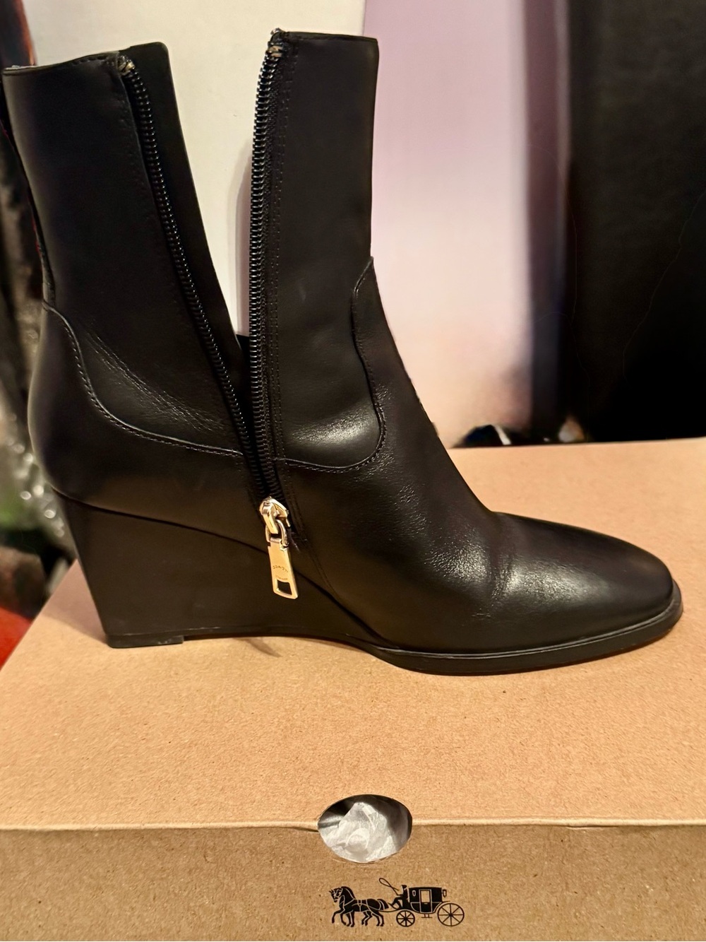 Coach Black Leather Wedge Ankle Boots with Gold Zip